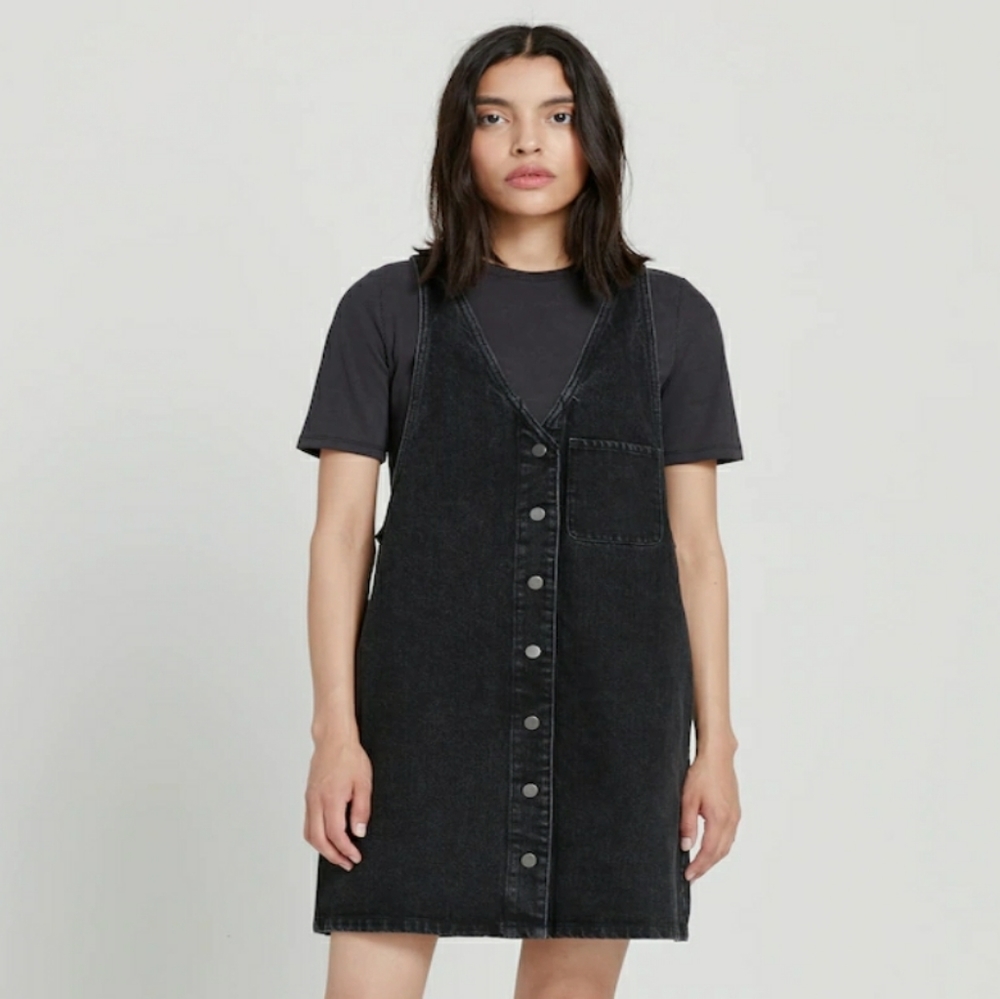 Frank and Oak Denim Pinafore Dress in Washed Black
